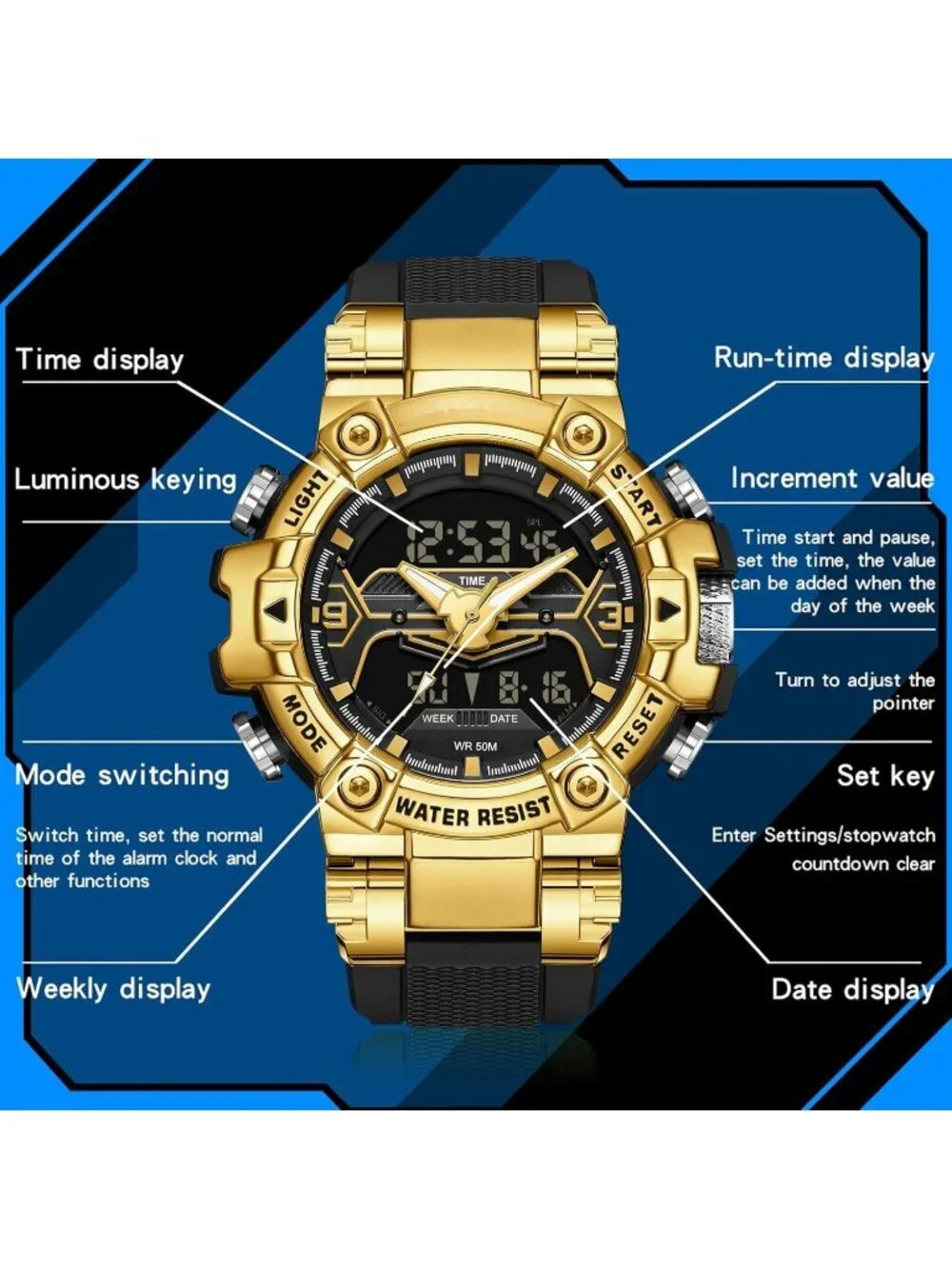 Men's Gold Analog Quartz Cool Designer Hombres Unique Electronics Duty Watch